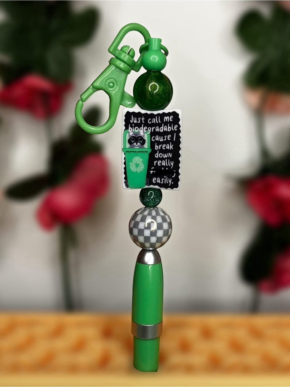 Funny Sassy Raccoon Recycling Break Down Handmade Beaded Keychain Pen